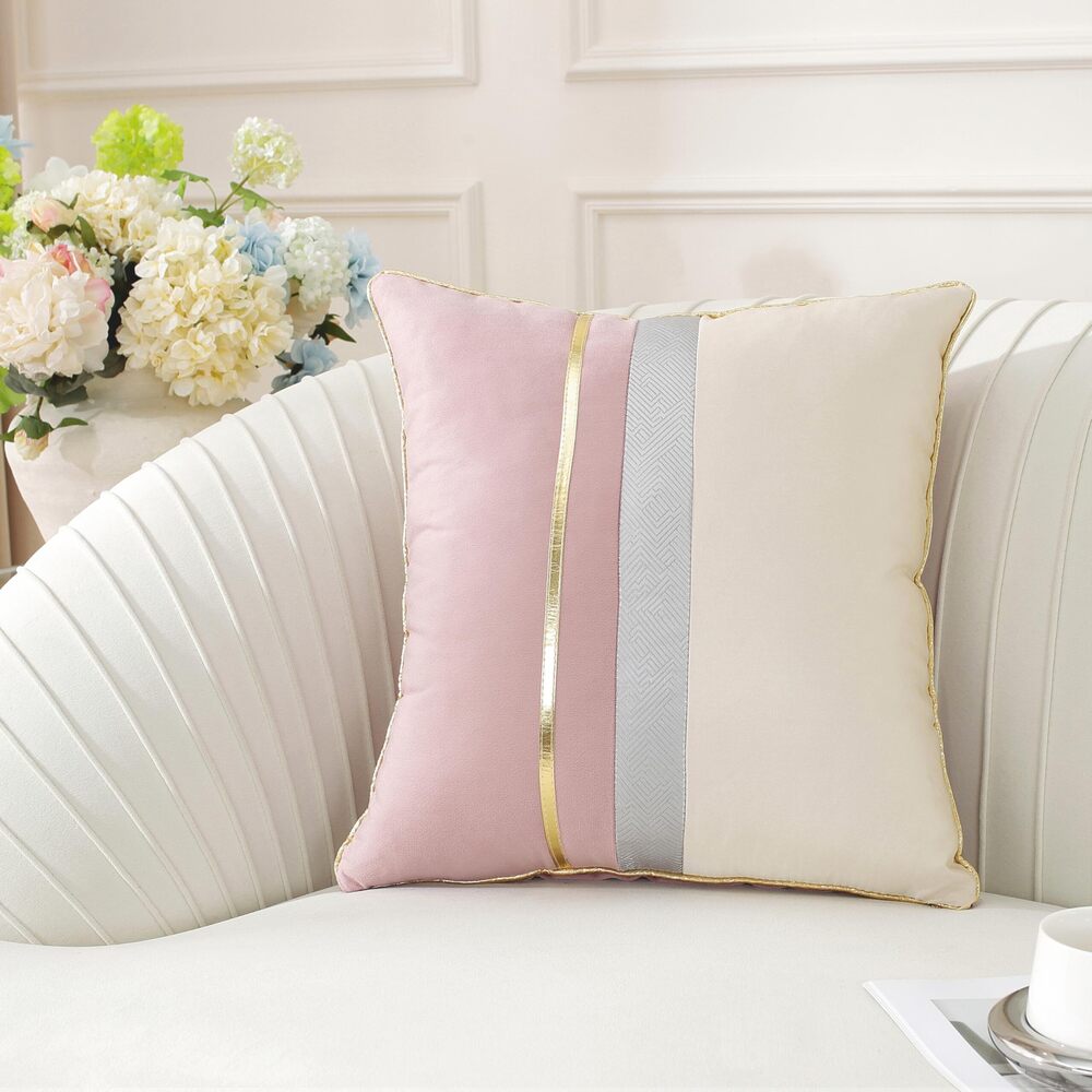 6999 Pack of 2, Pink Beige Patchwork Velvet Throw Pillow Cover with Gold